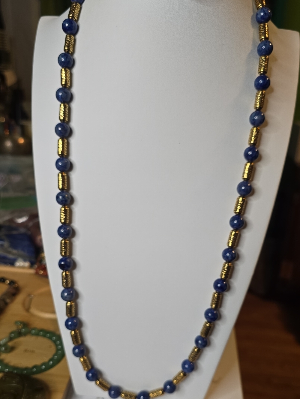 Lapis Blue Bead Necklace with Gold Tube Accents - Women Jewelry